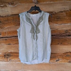 Ecco Bay Green Striped Sleeveless Split Neck Linen Rayon Shirt Size Large
